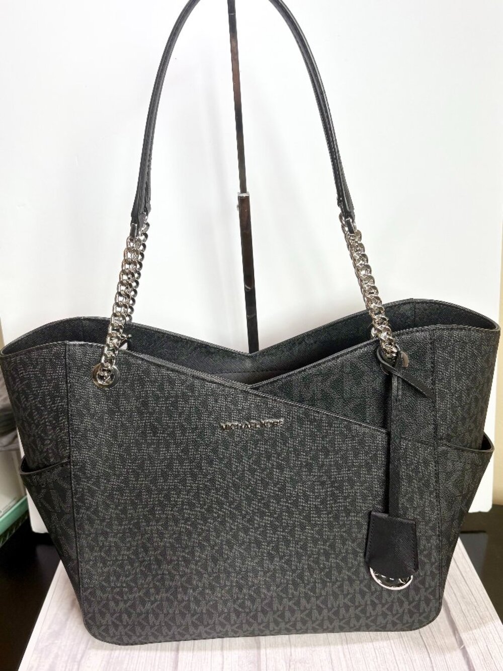 Michael Kors Jet Set Travel Large Signature Shoulder Tote Black Silver Hardware